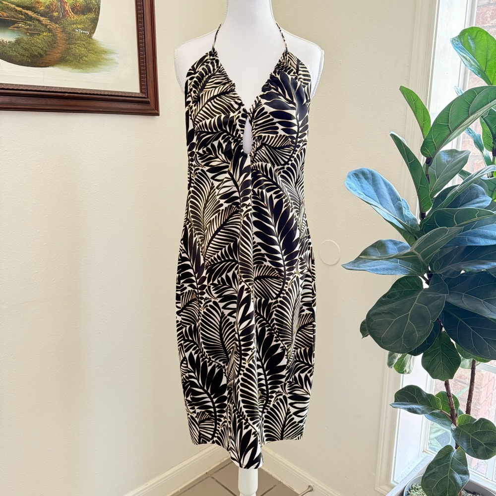 Christian Lacroix Dress Tropical Fern Print Midi Halter  Resort Sexy Sz Medium